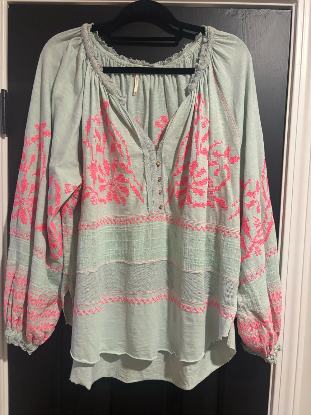 Free People Mint Peasant Blouse with Pink Embroidery